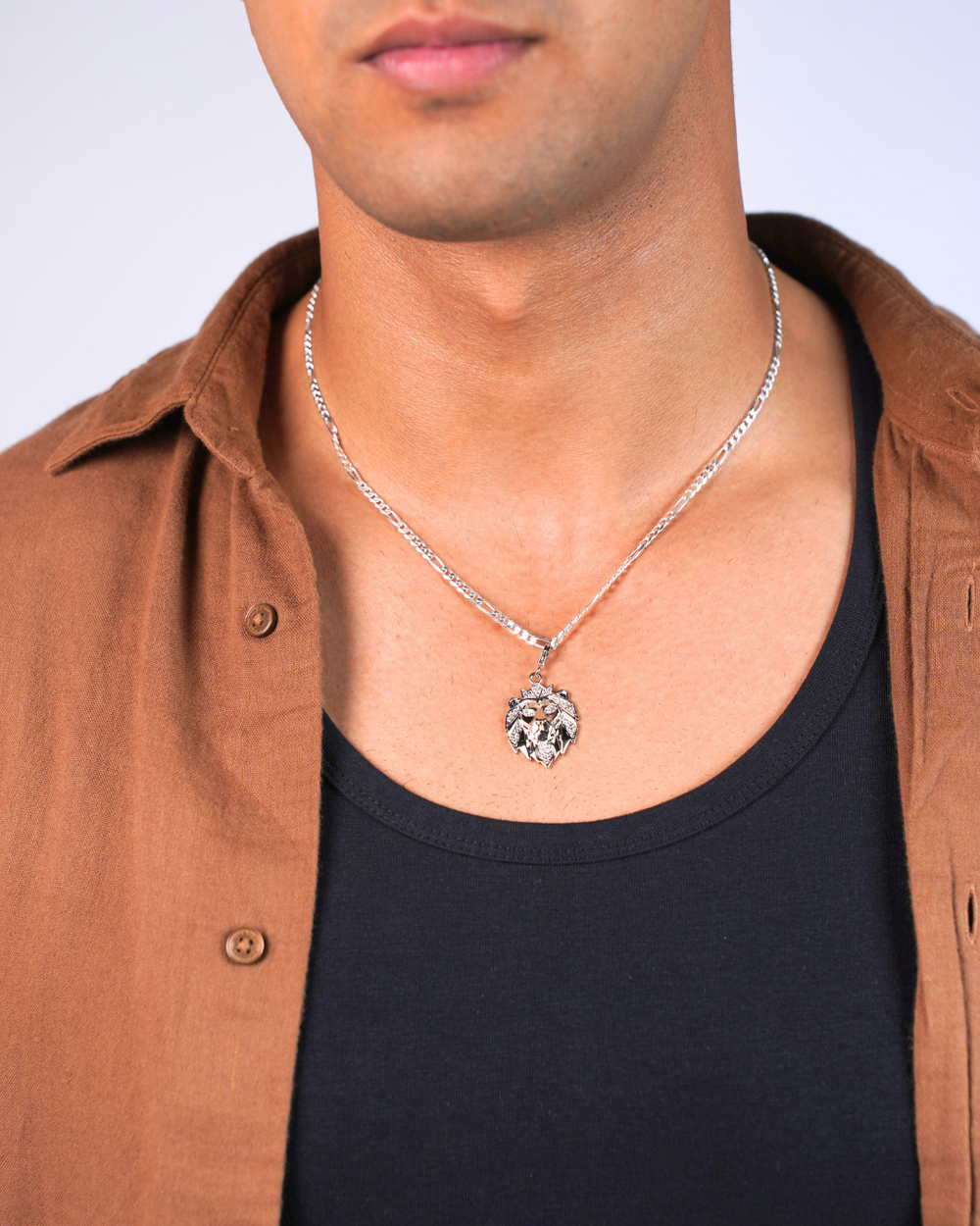 Monarch Lion Pendant – Crowned Lion Head CZ Stone Pendant for Men (White Stone)