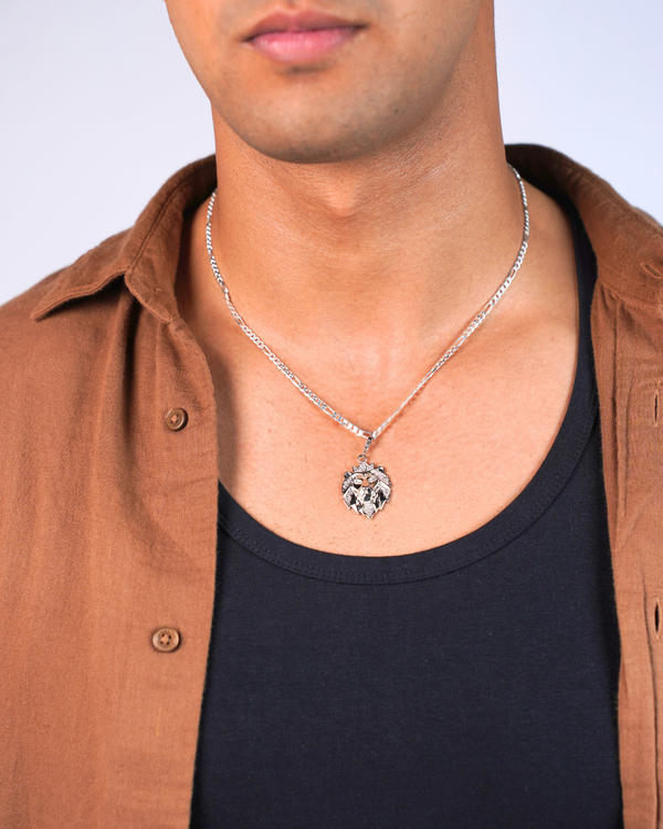 Monarch Lion Pendant – Crowned Lion Head CZ Stone Pendant for Men (White Stone)