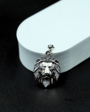 Monarch Lion Pendant – Crowned Lion Head CZ Stone Pendant for Men (White Stone)