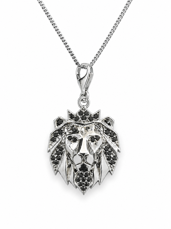 Monarch Crowned Lion Head CZ Stone Pendant (Black Stone)