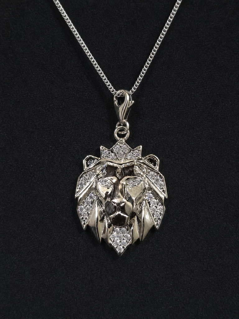 Monarch Lion Pendant – Crowned Lion Head CZ Stone Pendant for Men (White Stone)