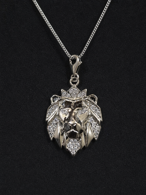 Monarch Lion Pendant – Crowned Lion Head CZ Stone Pendant for Men (White Stone)