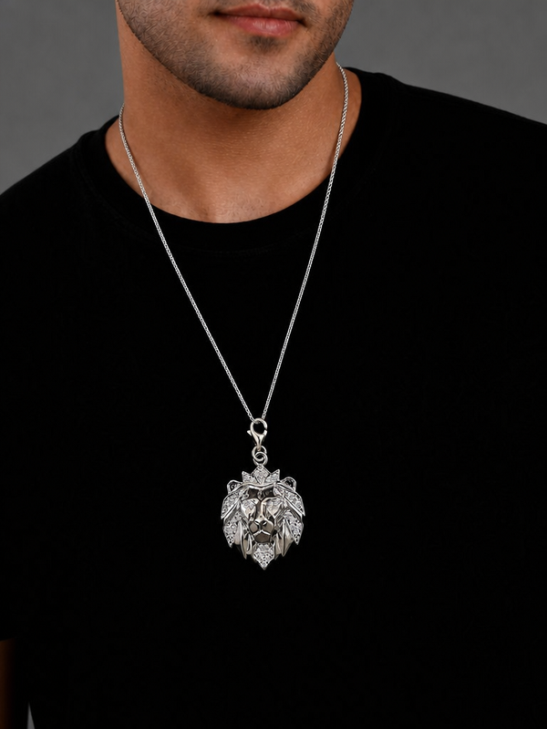 Monarch Lion Pendant – Crowned Lion Head CZ Stone Pendant for Men (White Stone)