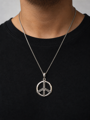 Valor Peace Pendant – 925 Sterling Silver CZ Stone Symbol Pendant for Men & Women (Black Stone)