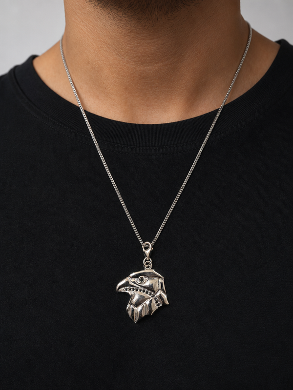 Stealth Falcon Pendant – Geometric Falcon Head CZ Stone Pendant for Men(Black Stone)