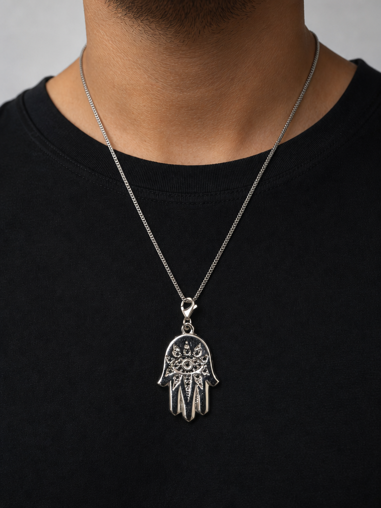Nova Hamsa Pendant – Evil Eye Protection Pendant with CZ Stones for Men & Women(Black stone)