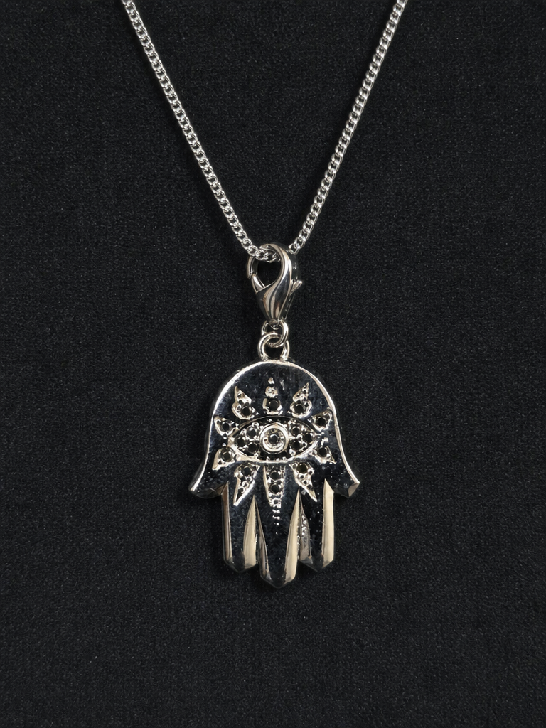 Nova Hamsa Pendant – Evil Eye Protection Pendant with CZ Stones for Men & Women(Black stone)