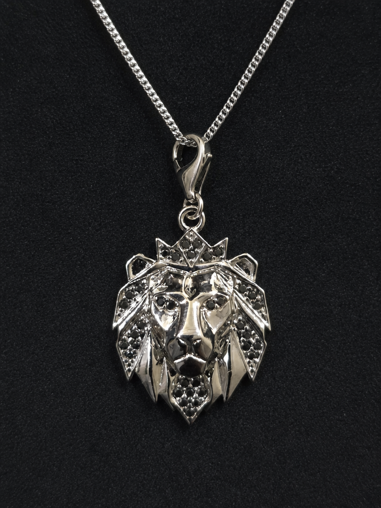 Monarch Lion Pendant – Crowned Lion Head CZ Stone Pendant for Men (Black Stone)