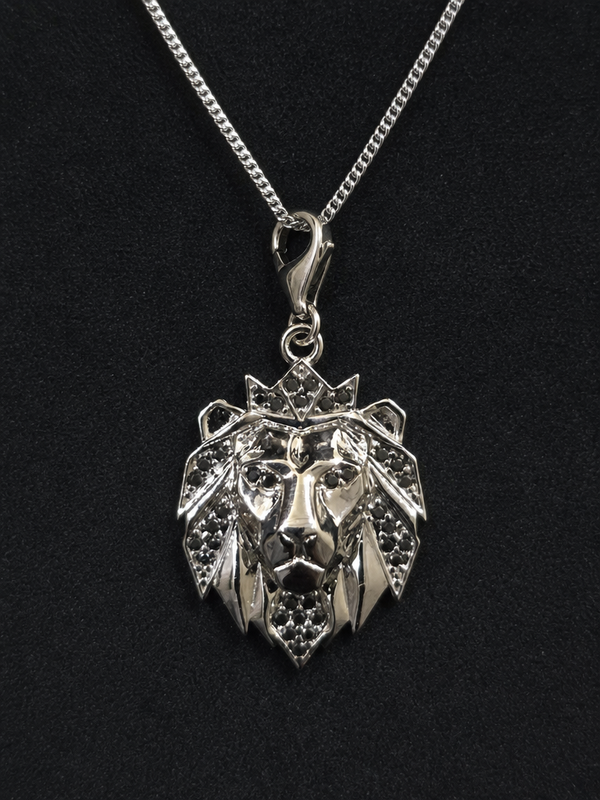 Monarch Lion Pendant – Crowned Lion Head CZ Stone Pendant for Men (Black Stone)