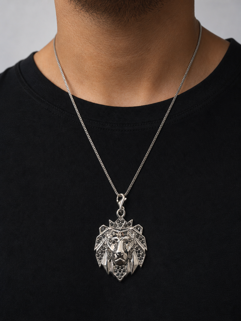 Monarch Lion Pendant – Crowned Lion Head CZ Stone Pendant for Men (Black Stone)