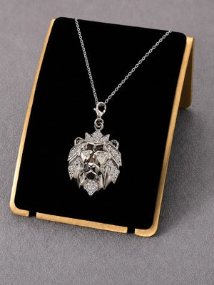 Monarch Lion Pendant – Crowned Lion Head CZ Stone Pendant for Men (White Stone)