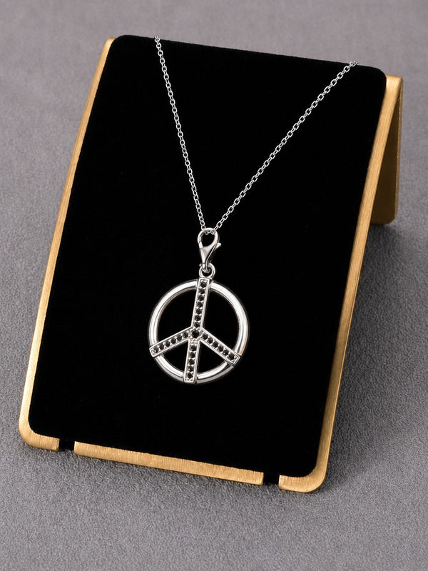Valor Peace Pendant – 925 Sterling Silver CZ Stone Symbol Pendant for Men & Women (Black Stone)