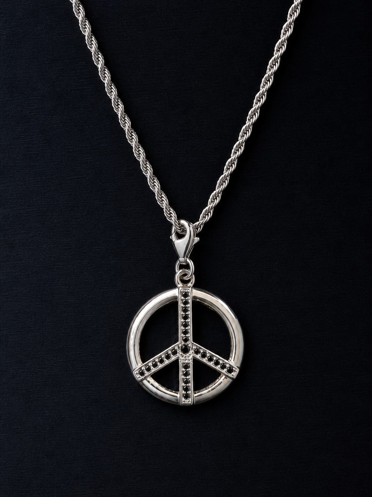 Valor Peace Pendant – 925 Sterling Silver CZ Stone Symbol Pendant for Men & Women (Black Stone)