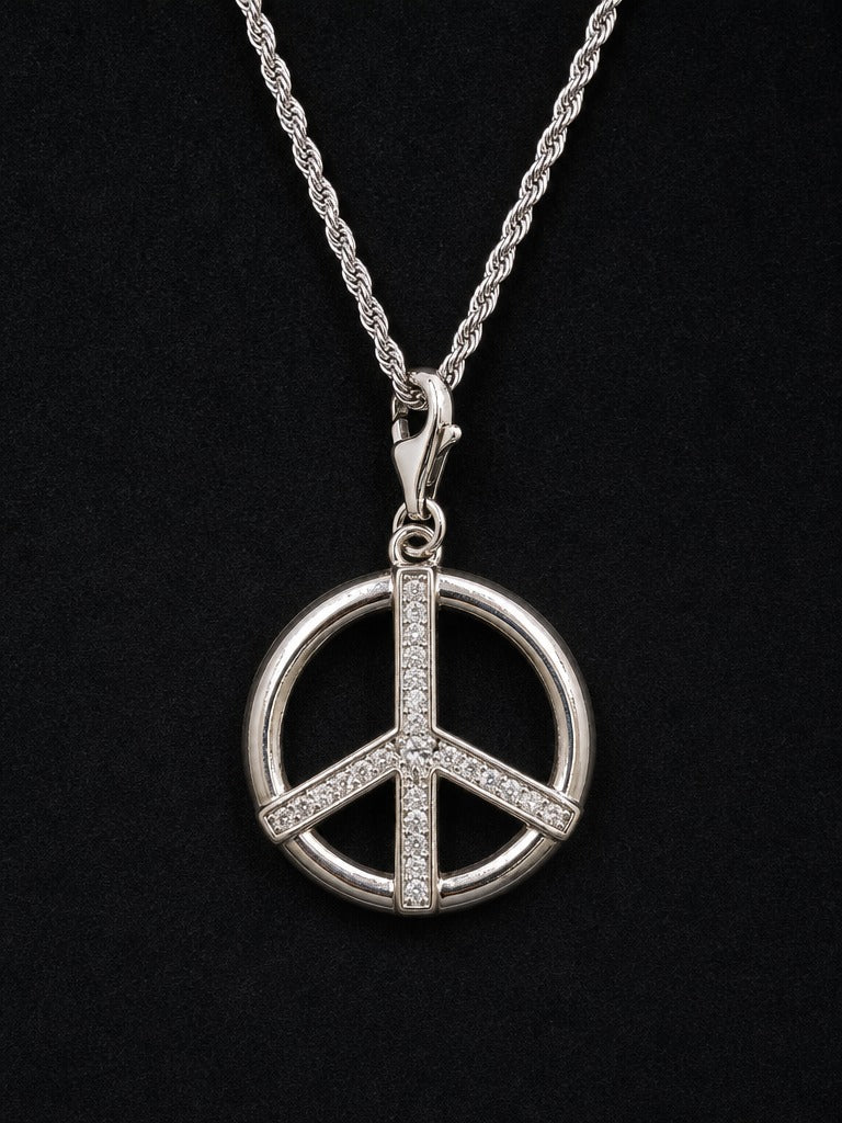 Valor Peace Pendant – 925 Sterling Silver CZ Stone Symbol Pendant for Men & Women (White Stone)