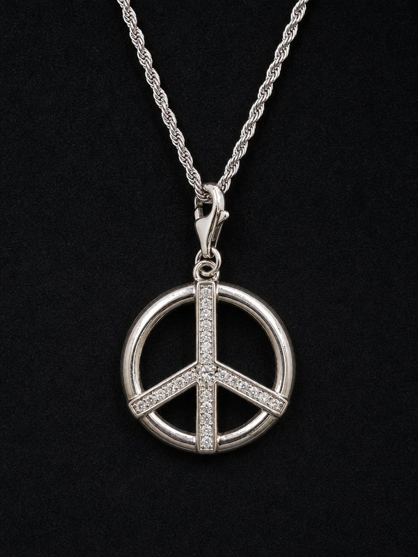 Valor Peace Pendant – 925 Sterling Silver CZ Stone Symbol Pendant for Men & Women (White Stone)