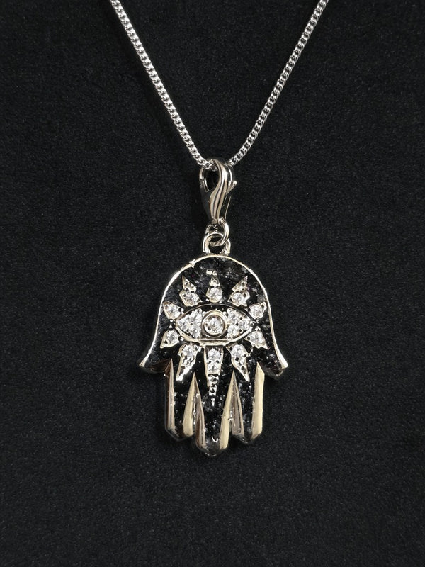 Nova Hamsa Pendant – Evil Eye Protection Pendant with CZ Stones for Men & Women(White stone)