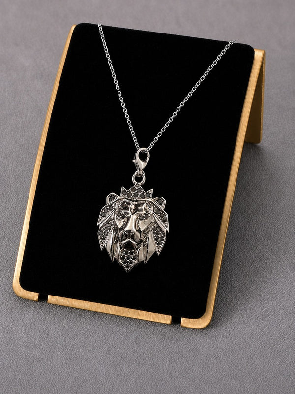 Monarch Lion Pendant – Crowned Lion Head CZ Stone Pendant for Men (Black Stone)